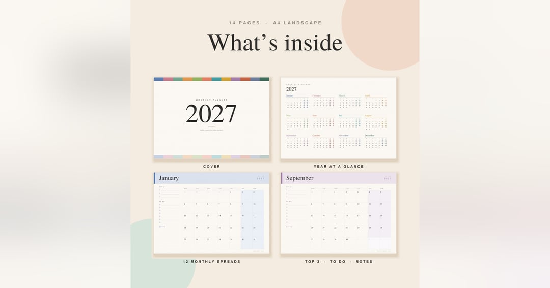 2027 Monthly Planner PDF | Minimalist Colorful Printable Calendar | A4 Landscape, image 3