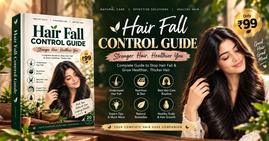 📘 Product Name: Hair Fall Control Guide: Healthy Scalp, Stronger Hair & Better You 💰 Price: ₹99 📄 Format: 21-Page Digital E-Book   Product Overview Roz comb mein tootte baalon ko dekh kar pareshan hain? Hair fall ko rokne ke liye hazaron rupaye ke 'mir