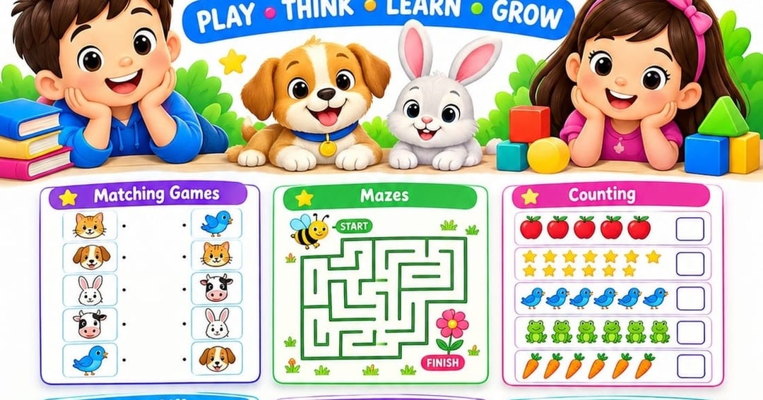 Kids Activity Workbook for Ages 3–7 🧩 | 45 Fun Learning Pages | Matching, Mazes, Counting, Puzzles & Coloring | Printable PDF