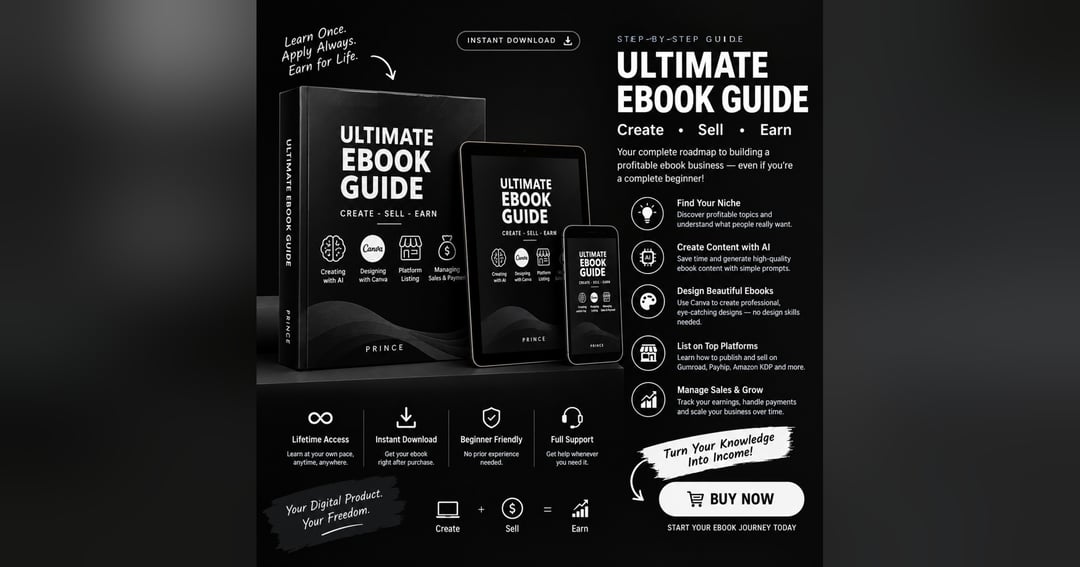 WRITE TITLE Ultimate Ebook Guide: Create, Sell & Earn Online | Beginner’s Step-by-Step Guide to Making Money with Digital Products