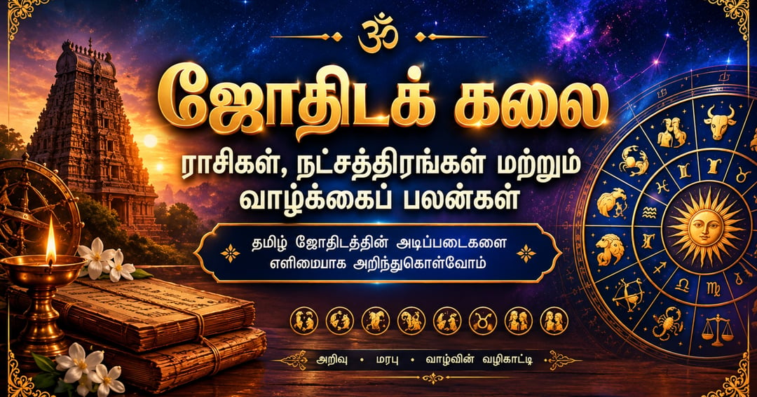 # ஜோதிடக் கலை – ராசிகள், நட்சத்திரங்கள் மற்றும் வாழ்க்கைப் பலன்கள்  **Product Type:** Digital eBook (PDF)   **Language:** Tamil   **Category:** Astrology, Spirituality & Traditional Knowledge  ## Product Description  ✨ தமிழ் ஜோதிடத்தின் பாரம்பரிய உலகத்தை