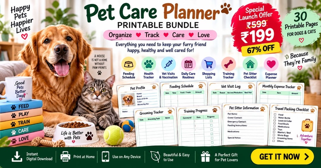 Happy Pet Care Planner – 30-Page Printable Bundle for Dogs & Cats Feeding, Vet, Training, Grooming & Expense Tracker