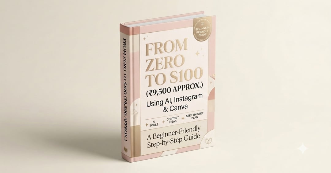 FROM ZERO TO $100  (₹9,500 APPROX.)  Using AI, Instagram & Canva  The Beginner’s Roadmap to Creating, Growing & Monetizing Online