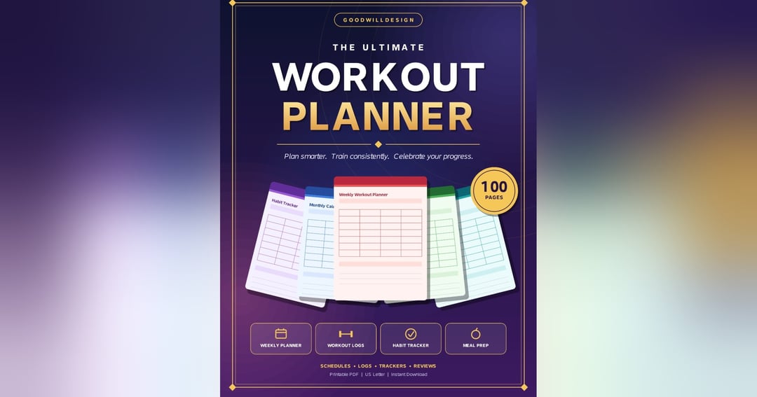 Ultimate Workout Planner | 100-Page Printable Fitness Planner PDF | Workout Log, Habit Tracker, Meal Prep & Goal Planner