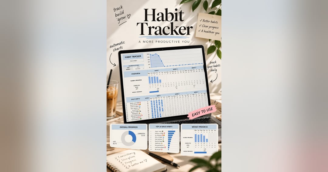 Habit Tracker Spreadsheet | Monthly Dashboard & Progress Charts, image 3
