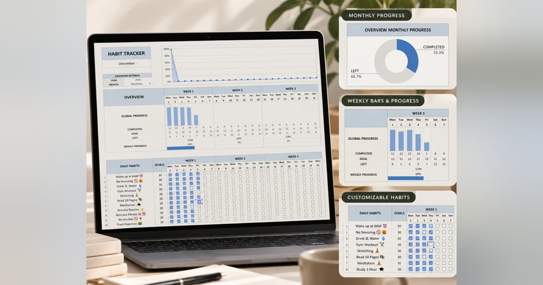 Habit Tracker Spreadsheet | Monthly Dashboard & Progress Charts, image 2