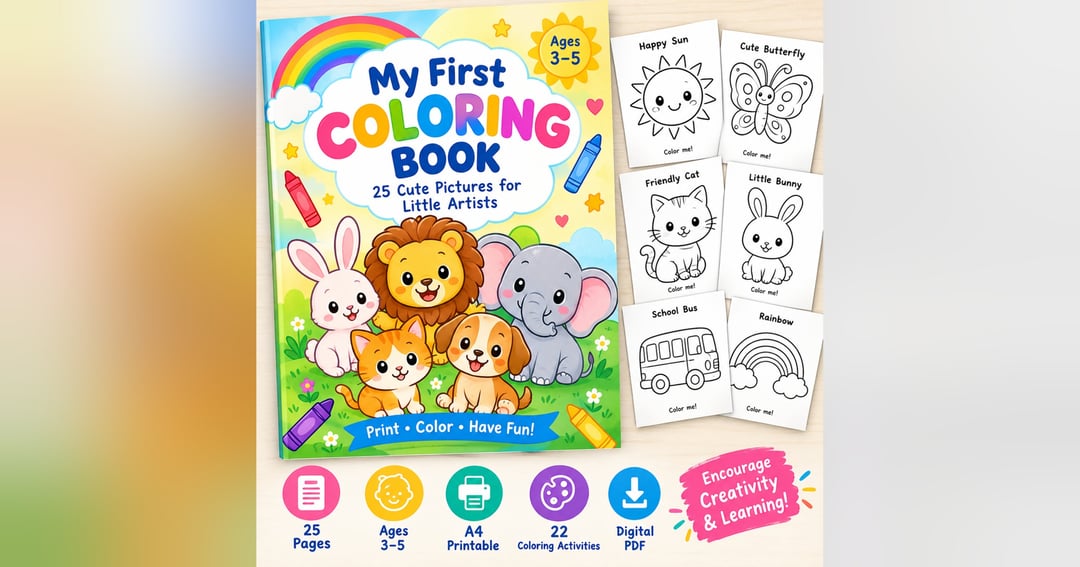 25 Cute Printable Coloring Pages | Preschool Activity Book | Ages 3–5 | A4 PDF Download