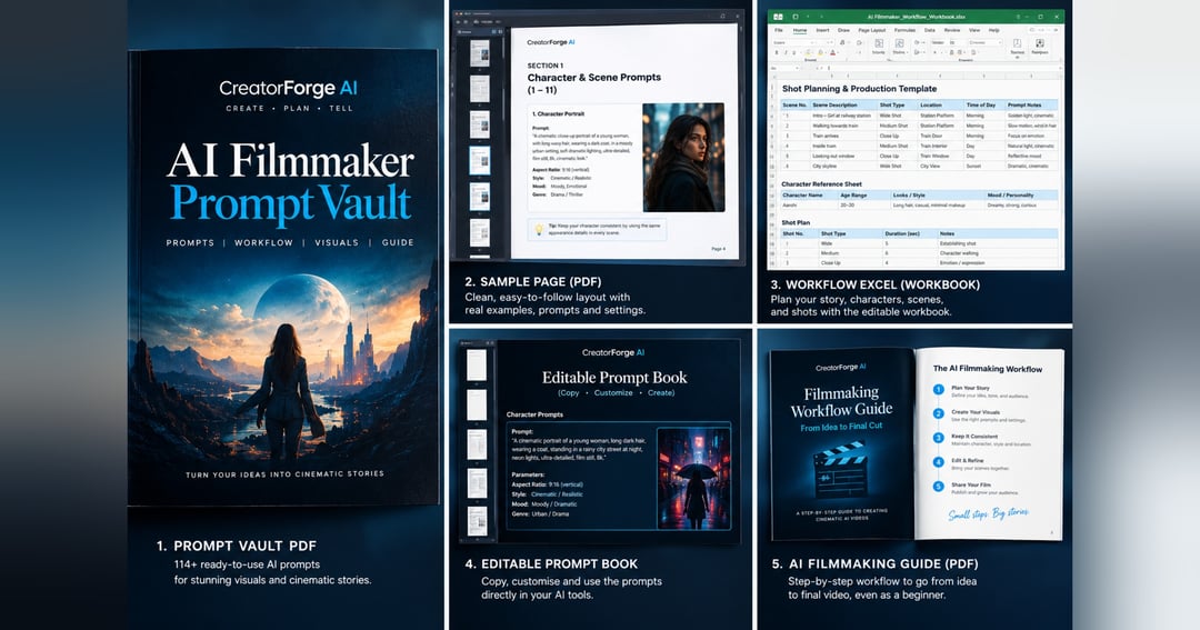 CreatorForge AI Filmmaker Prompt Vault — 114 Cinematic AI Prompts + Workbook, image 2