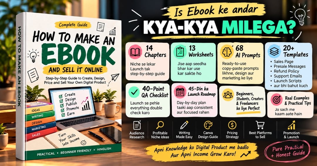 Launch Your First Digital Product | Hinglish Ebook Guide + Workbook | 101 Pages A4 PDF | 68 AI Prompts, Templates, Checklists, image 2