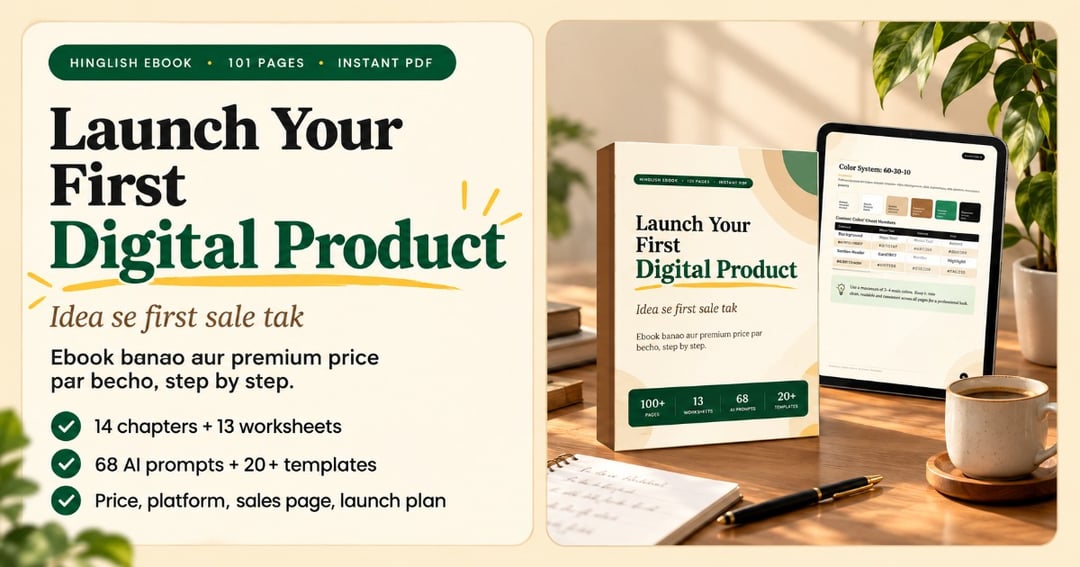 Launch Your First Digital Product | Hinglish Ebook Guide + Workbook | 101 Pages A4 PDF | 68 AI Prompts, Templates, Checklists