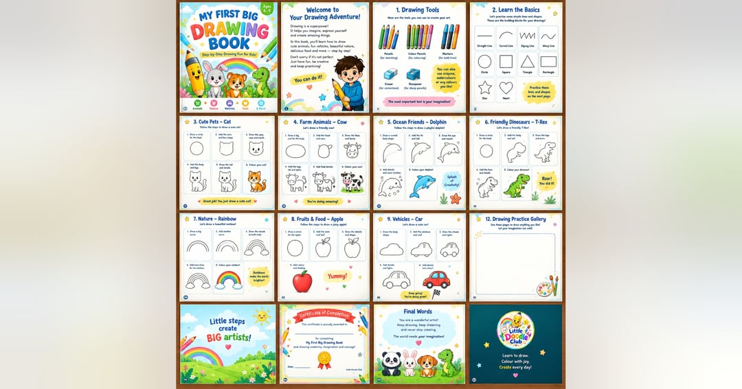 🎨 Welcome to Little Doodle Club!  🌈 Fun Drawing & Colouring Books for Kids 🐻 Cute Animals • Dinosaurs • Nature • Vehicles ✏️ Easy Step-by-Step Drawing Activities 🖍️ Creative Fun for Little Artists 💛 Helping Kids Learn, Imagine & Create!  ✨ BIG IMAGIN, image 2