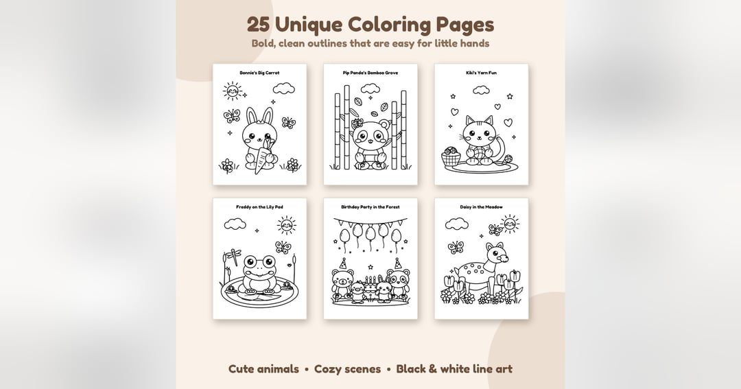 Tiny Friends’ Magical Day – Cute Animal Coloring Book for Kids (Ages 3–8) | 25 Printable Pages, A4 & US Letter PDF, image 2