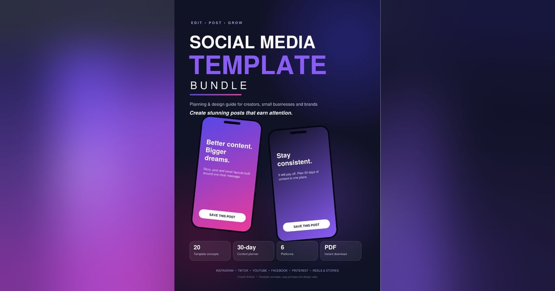 Template Bundle: Creator Edition | 20 Post, Story, Reel & Thumbnail Concepts + 30-Day Content Planner (PDF)