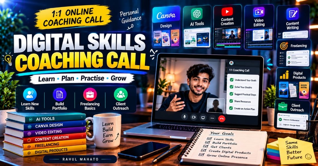 1:1 Digital Skills Guidance Call for Beginners | Canva, AI Tools & eBook Creation Aur Self Improvement