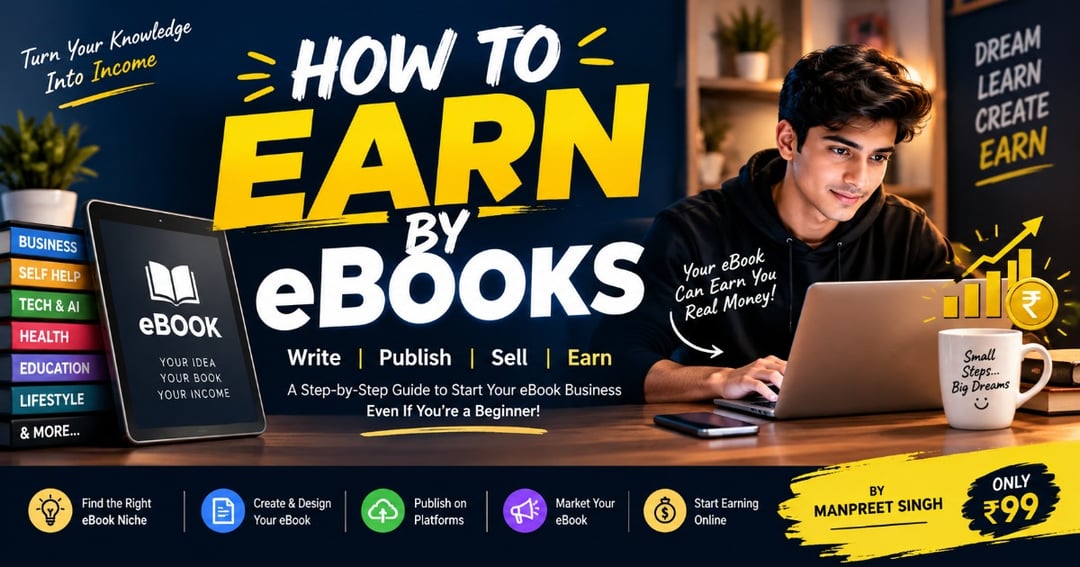 Learn how to create, design, publish, and sell your own eBooks with this beginner-friendly Hinglish guide. Includes practical examples, pricing tips, Instagram and WhatsApp marketing strategies, a First-Sale Worksheet, and a 7-Day Launch Plan.