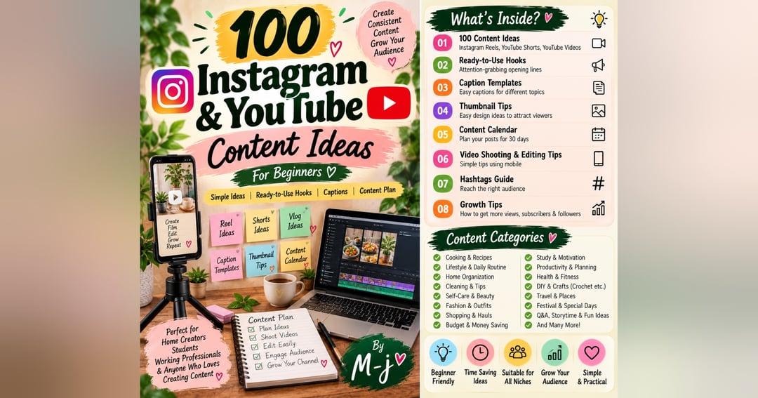 100 Instagram & YouTube Content Ideas for Beginners | Hooks, Captions & Content Planning | M_j