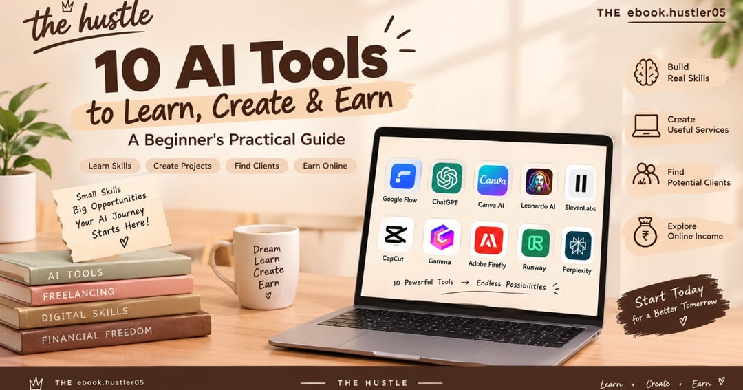 Act as a professional AI educator, digital skills trainer, e-book author, and freelancing mentor.  Create a premium, practical, beginner-friendly e-book for my brand:  BRAND NAME: THE ebook.hustler05  TITLE: "10 AI Tools to Learn, Create & Earn – A Beginn