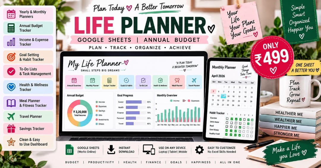 Life Planner Google Sheets | Annual Budget, Monthly Planner, Goal & Habit Tracker, Income & Expense Tracker | Personal Life Organizer | Digital Template