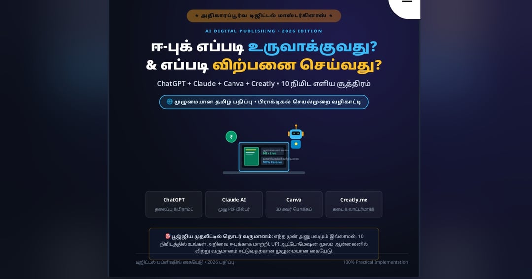 💎 ChatGPT, Claude & Creatly: 10 நிமிடத்தில் ஈ-புக் உருவாக்கி தானியங்கியாக விற்கும் அனைத்து முறைகளும் இதில் அடங்கியுள்ளது! 🎯 , ⚡ 10-Minute E-Book Creation & Selling Masterclass (Tamil) 🚀, image 2