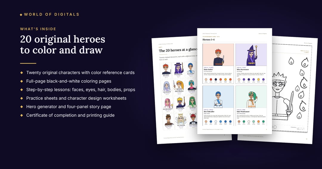 Anime Drawing & Coloring Book – 20 Original Heroes, Lessons & Worksheets (PDF), image 2