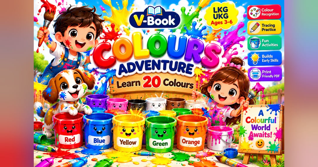 V-Book Colours Adventure – Learn 20 Colours | Colourful Preschool Learning eBook PDF | LKG, UKG & Kids Ages 3–6