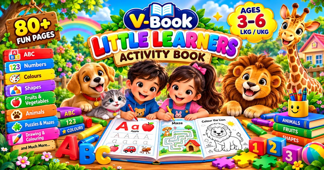 V-Book Little Learners – 80+ Page Preschool Activity Book | LKG & UKG | Ages 3–6