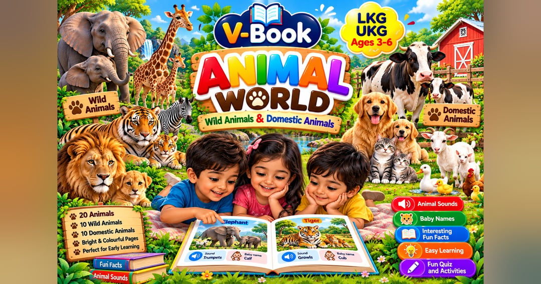 V-Book Animal World – 20 Wild & Domestic Animals for Kids | Animal Sounds, Baby Names & Fun Facts