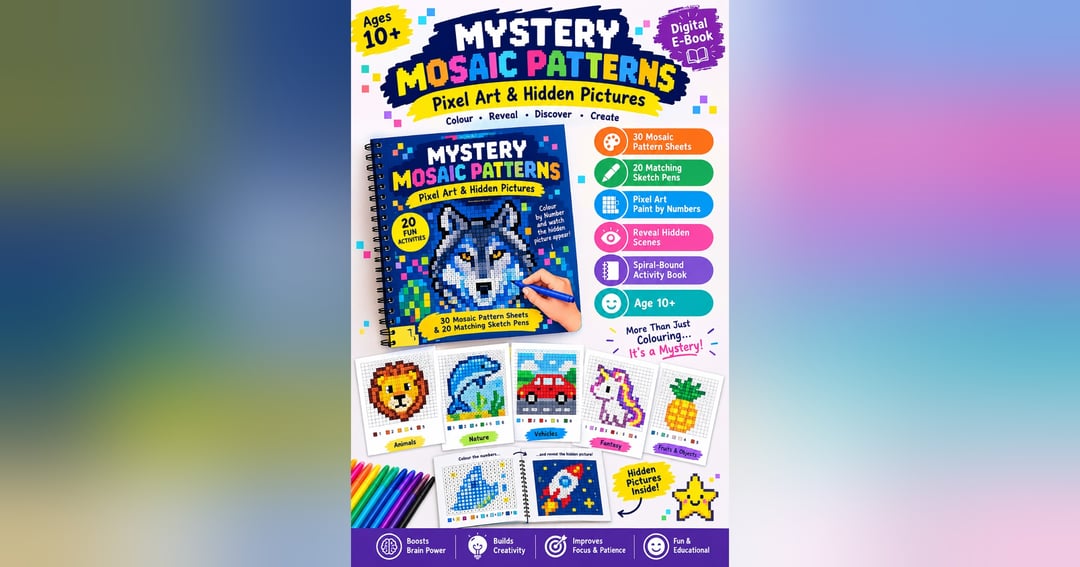 AI E-BOOK CREATION PROMPT  Act as a professional children's activity book author, pixel-art designer, and educational content creator.  Create a complete, original, beautifully designed digital e-book inspired by the concept of Mystery Mosaic Patterns – P
