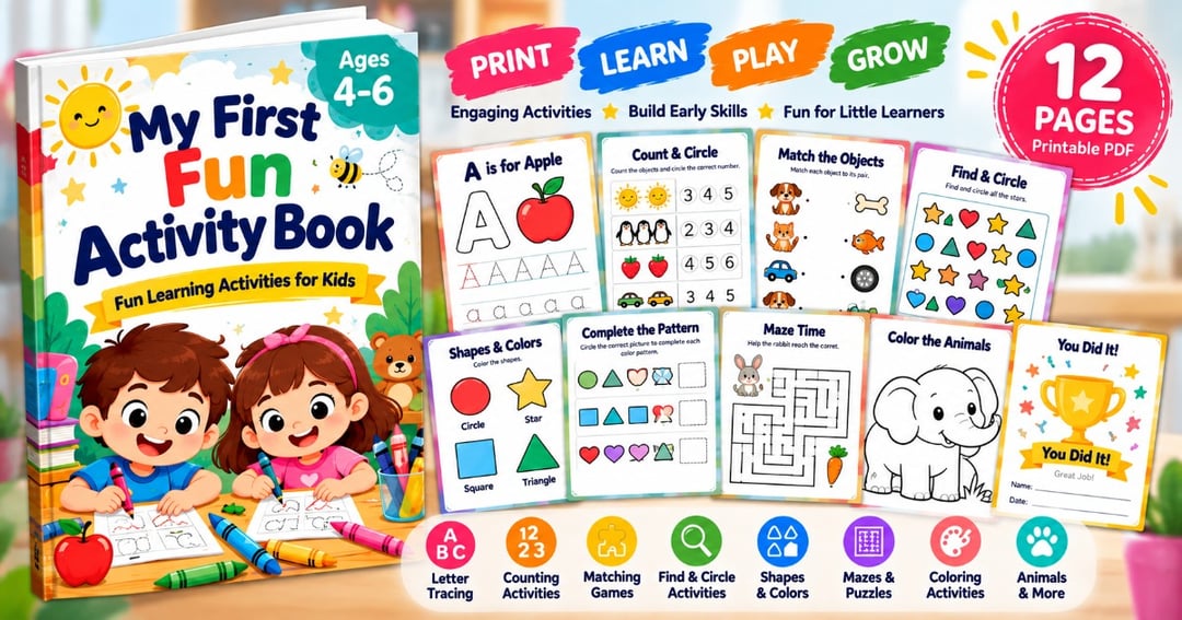 My First Fun Activity Book for Kids | Printable Learning Activities (Ages 4–6)
