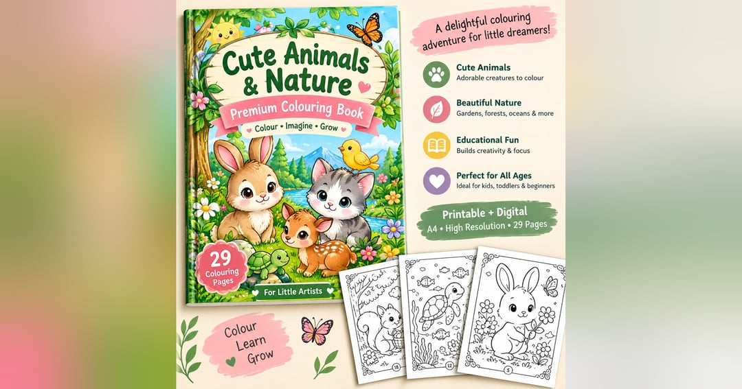 Cute Animals & Nature  - Premium Colouring Book