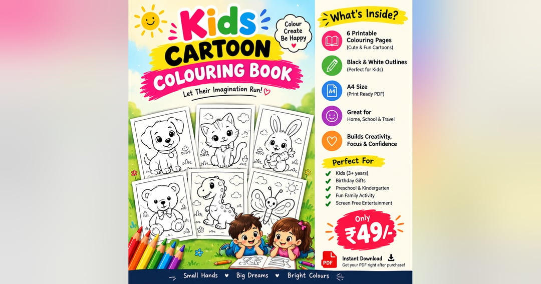 Fun cartoon colouring book for kids! Get 6 printable A4 colouring pages featuring cute animals and cartoons. Download, print and enjoy creative colouring activities at home.