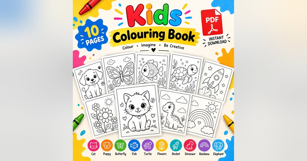 Fun cartoon colouring book for kids! Get 6 printable A4 colouring pages featuring cute animals and cartoons. Download, print and enjoy creative colouring activities at home., image 2