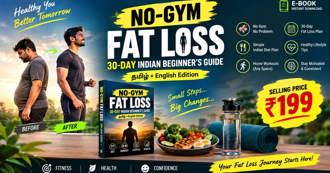🔥 NO-GYM FAT LOSS — 30-Day Indian Beginner’s Guide  Premium Tamil + English Edition | Price: ₹39