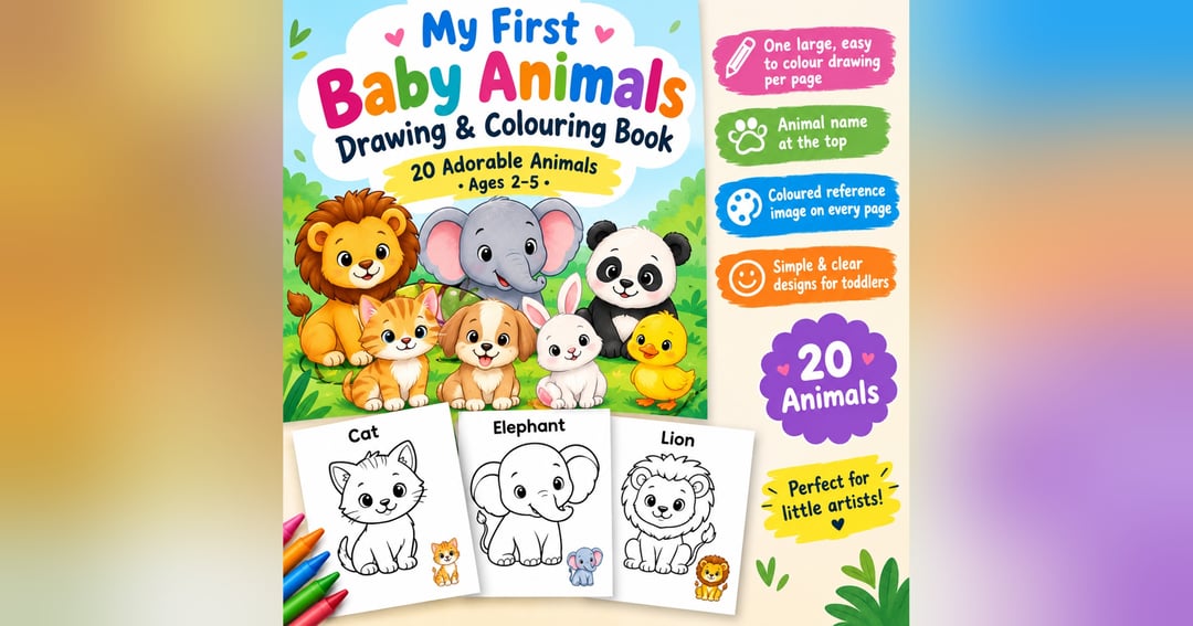 Baby Animals Drawing & Colouring Book for Toddlers (Ages 2–5)