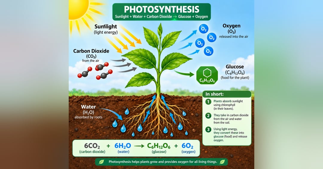 6CO2 + 6H2O + light → C6H12C  Sunlight: provides energy.  Water (H2O): absorbed through the roots.  Carbon dioxide (CO2): taken in from the air.  Glucose (C6H12O6): food produced by the plant.  Oxygen (O2): released into the air., image 2