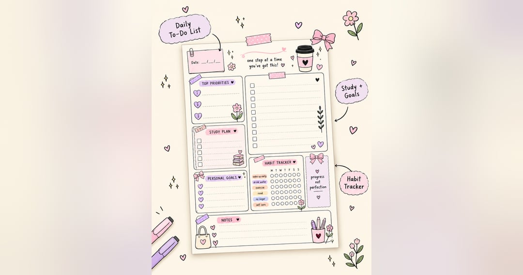 Pastel Daily Planner Printable | Study & Habit Tracker, image 2