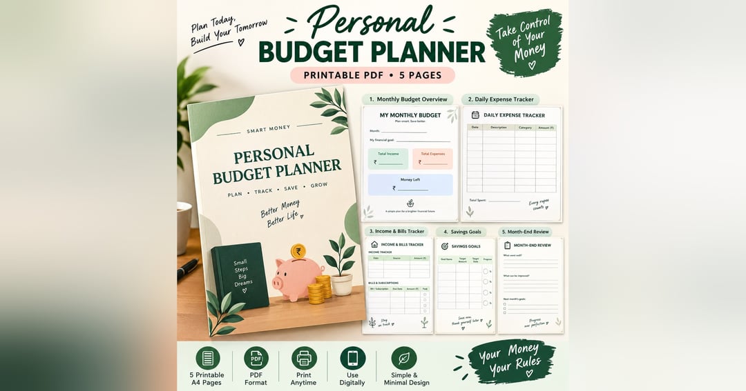 Personal Budget Planner – 5 Printable PDF Pages | Expense Tracker & Savings Planner