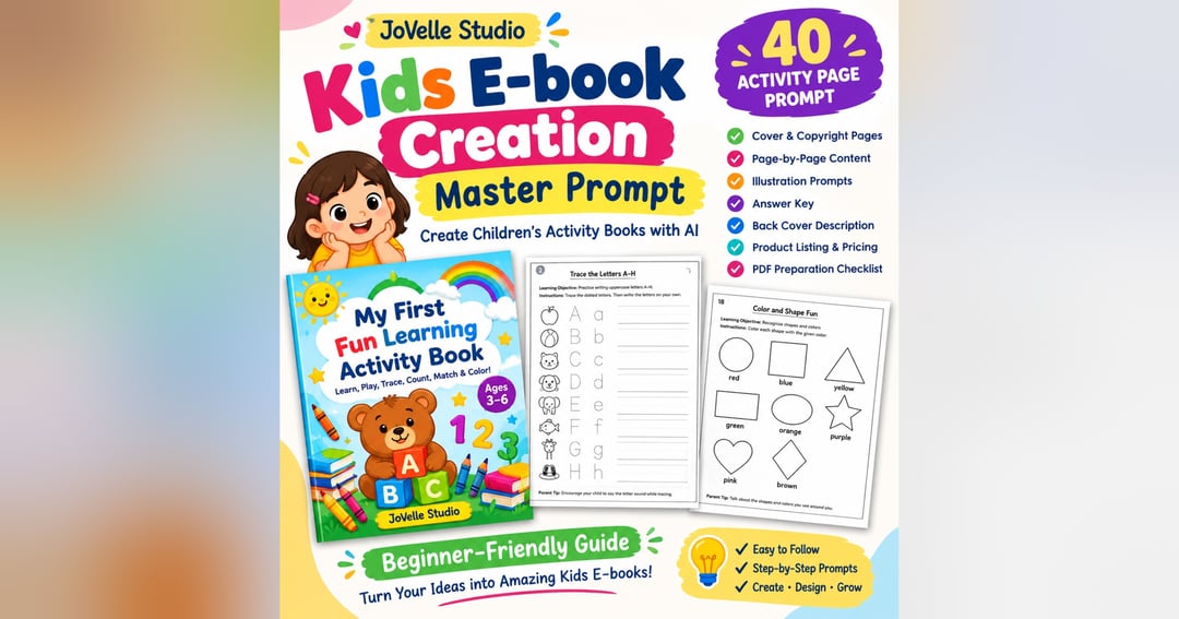 Kids E-book Creation Master Prompt | Create Children's Activity Books with AI | 40-Page Preschool Workbook Prompt | JoVelle Studio