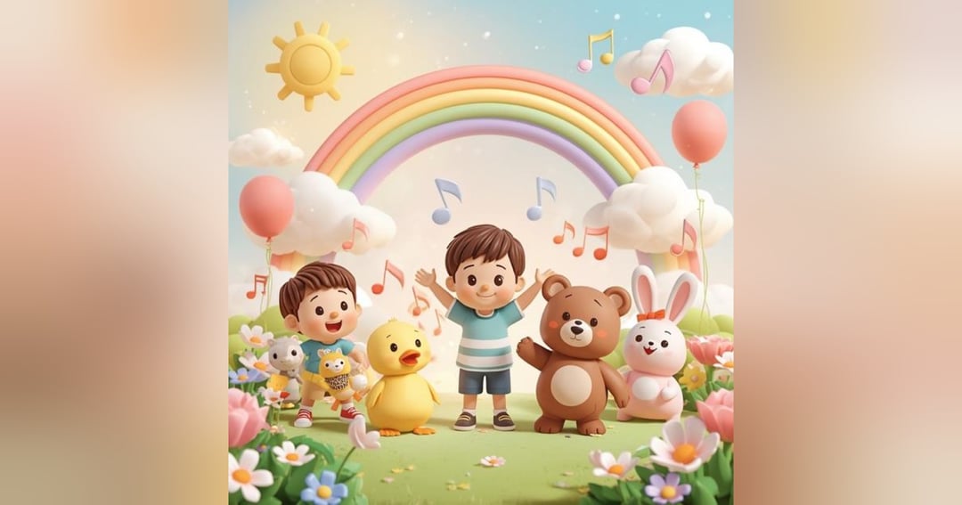 Rainbow lettering, a smiling sun, a happy toddler, and adorable animal friends., image 2