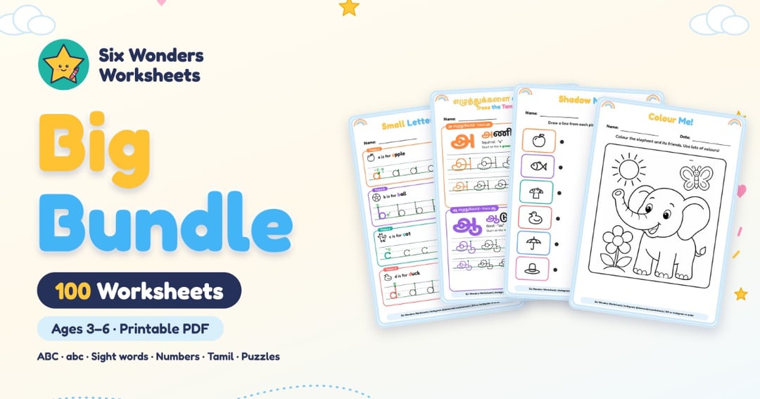 Six Wonders Big Bundle: 100 Worksheets (Ages 3 to 6), Best Value
