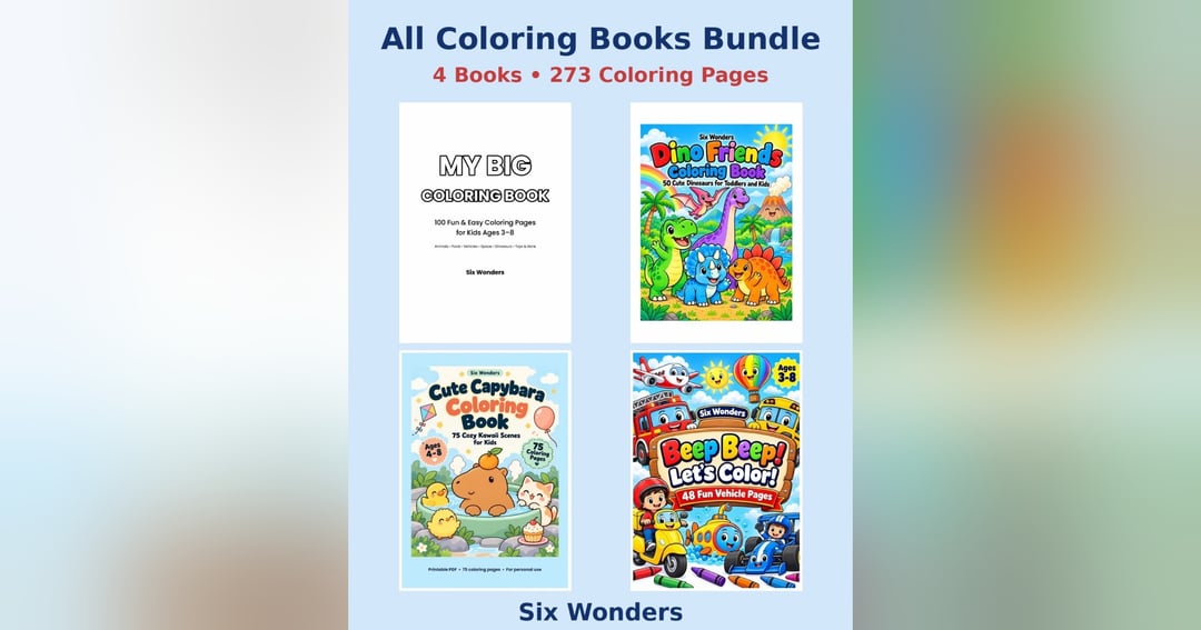 All Coloring Books Bundle – 4 Books, 273 Coloring Pages (Ages 3-8)