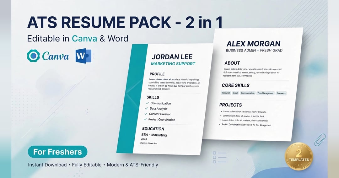 ATS Resume Pack - 2 in 1 for Freshers | Editable in Canva & Word