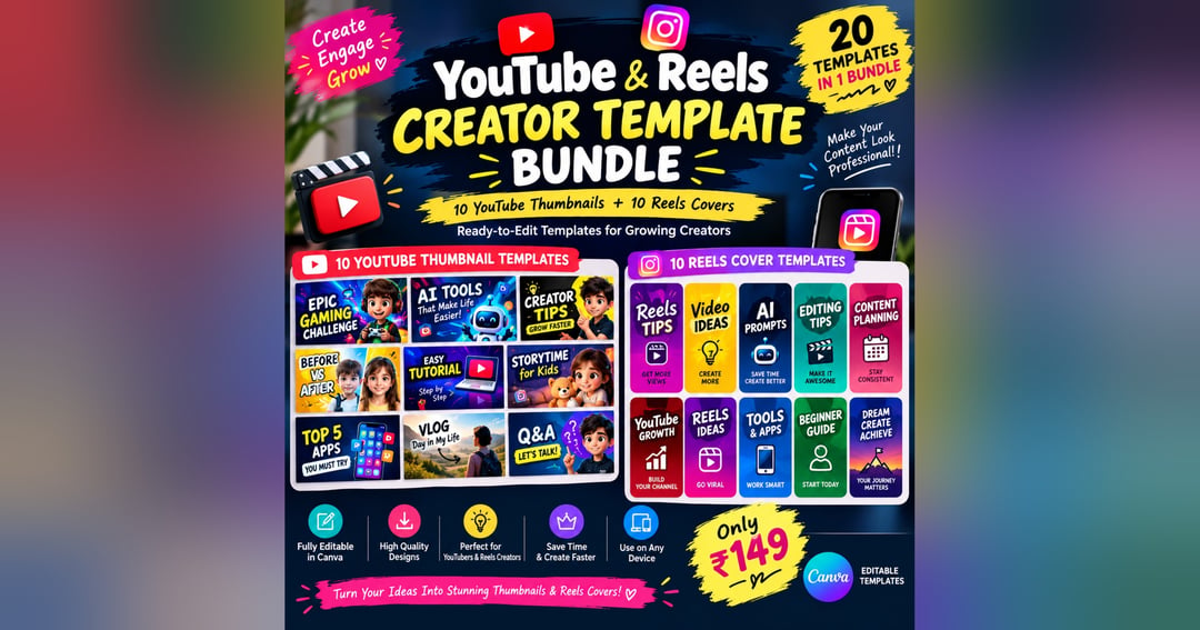 YouTube & Reels Creator Template Bundle | 20 Editable Templates