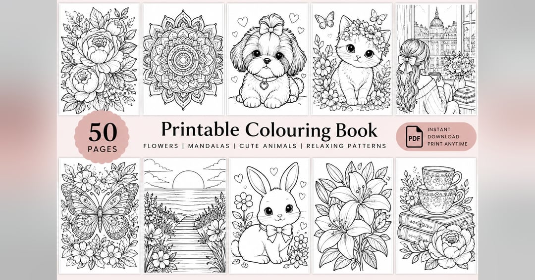 Printable Coloring Book | Flowers, Mandalas, Cute Animals & Relaxing Patterns