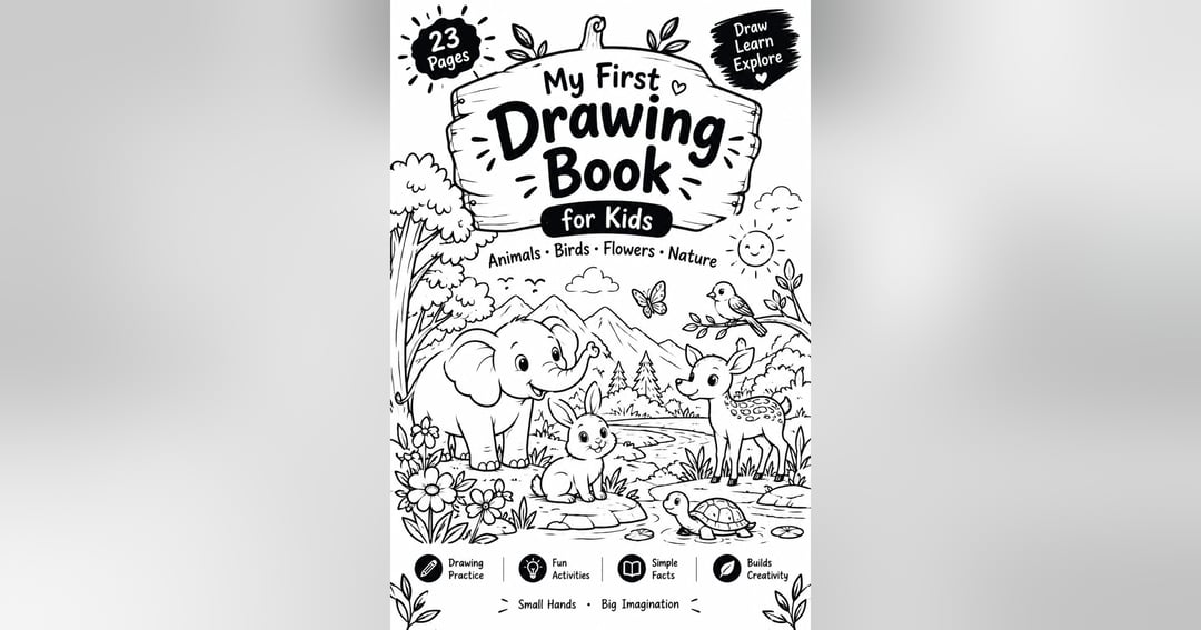My First Drawing Book for Kids: Animals, Birds, Flowers & Nature | 23-Page Printable Black & White Activity Book