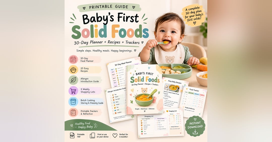 A day-by-day 30-day starter-foods plan with 20 simple recipes, shopping lists and printable trackers.