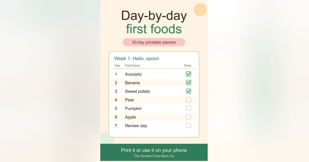 A day-by-day 30-day starter-foods plan with 20 simple recipes, shopping lists and printable trackers., image 2