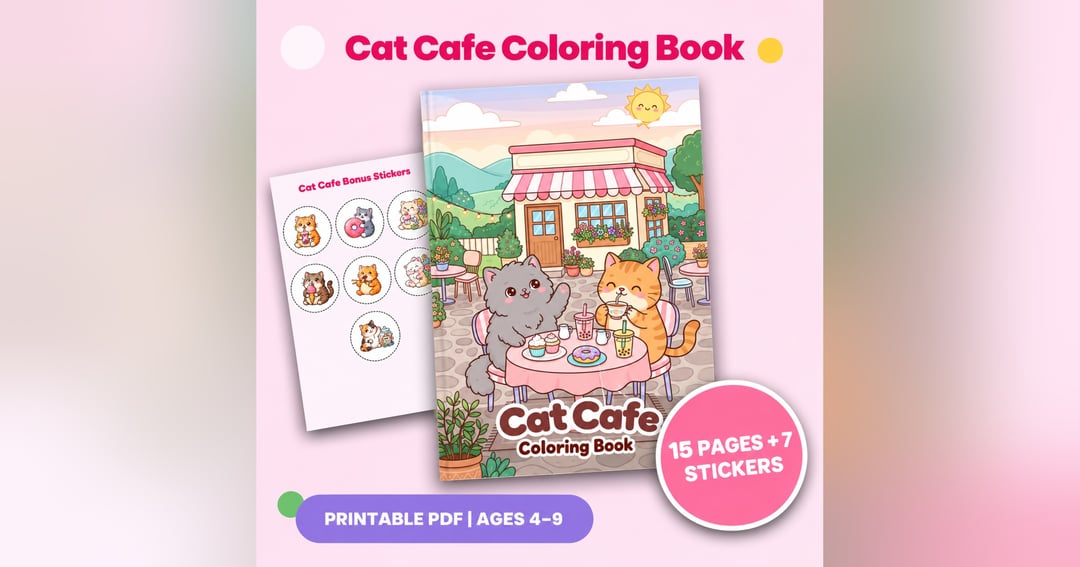 Cat Cafe Coloring Book + 7 Free Bonus Stickers, image 2