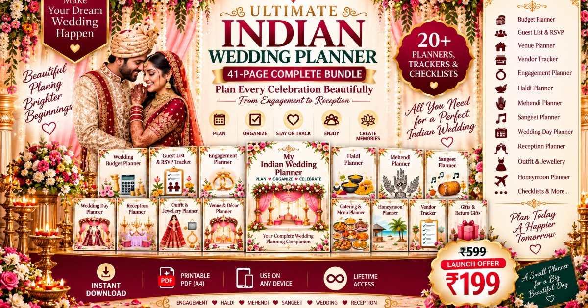 Ultimate Indian Wedding Planner β 41-Page Complete Wedding Planning Bundle Engagement, Haldi, Mehendi, Sangeet, Wedding & Reception