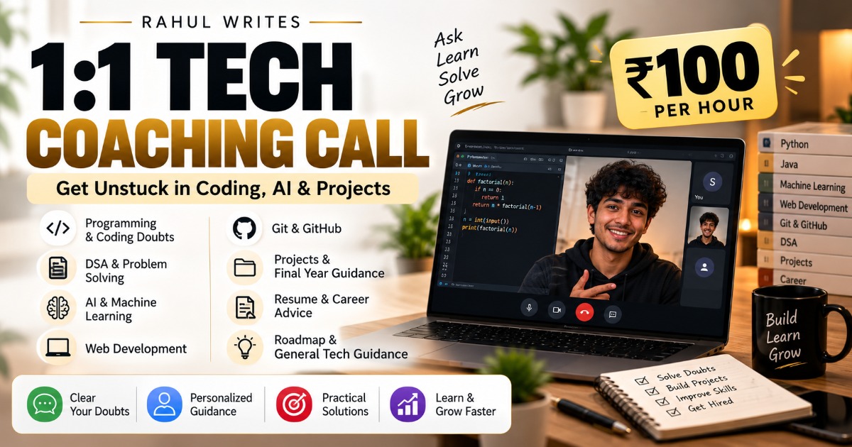 1:1 Tech Coaching Call — Get Unstuck in Coding, AI & Projects | ₹100/Hour